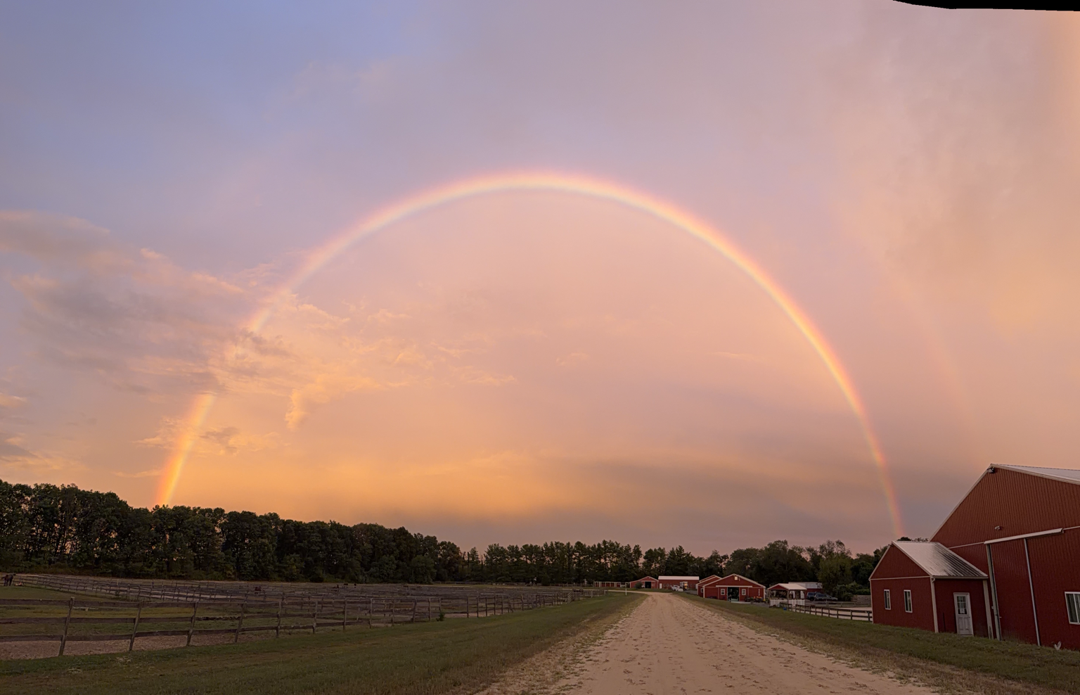 Full rainbow over the sandy driveway and red barns at The Posnerosa Show Stable